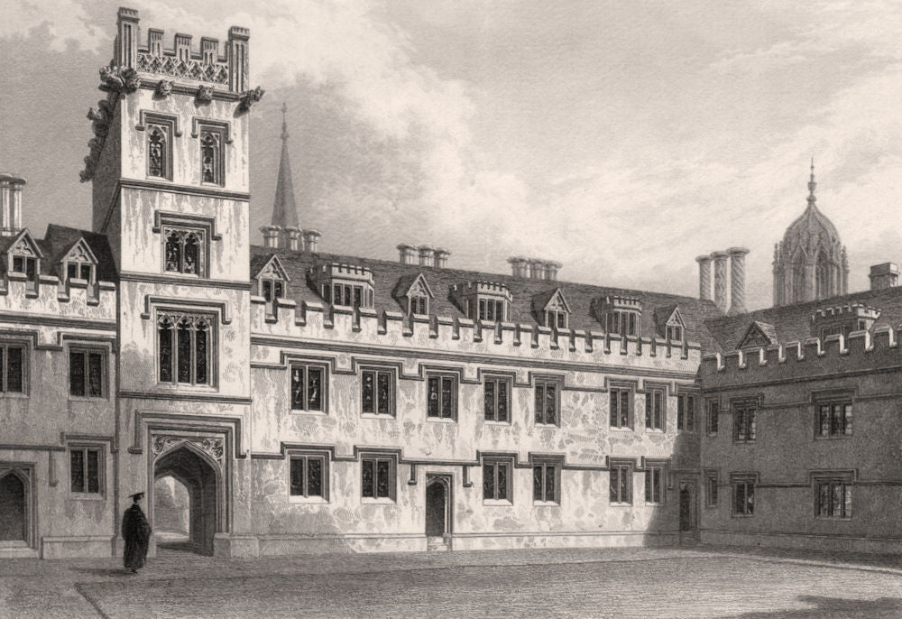 The Quadrangle of Pembroke College, Oxford, by John Le Keux 1837 old print